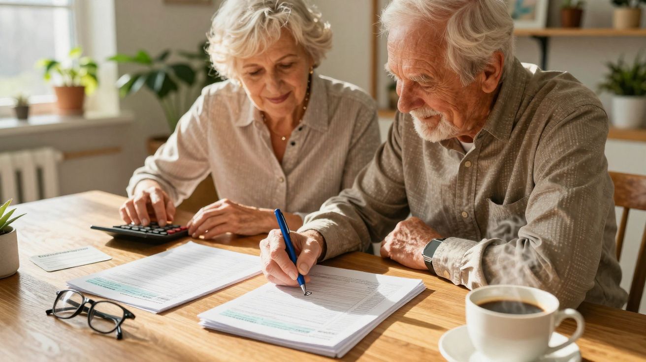 Casal sénior a preencher documentos numa mesa de madeira com café e calculadora.