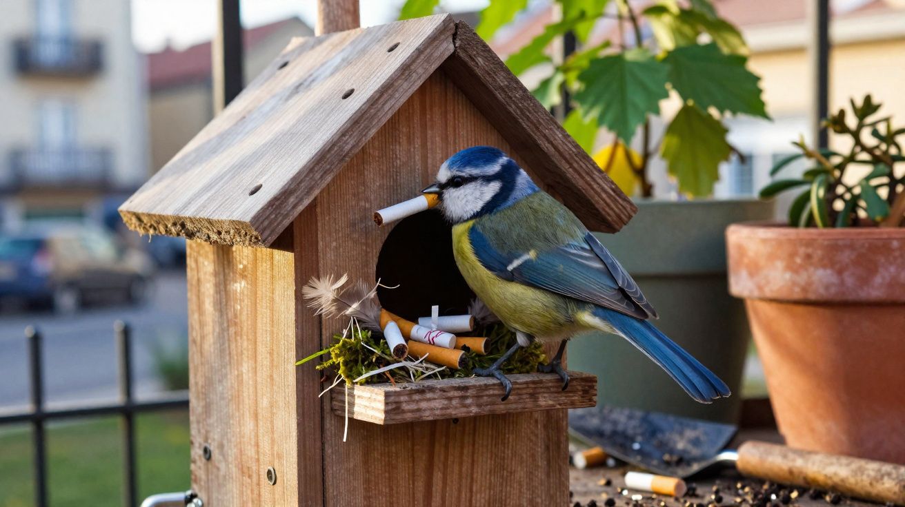 Pássaro azul pousado na entrada de uma casa de madeira segurando um cigarro, com beatas no interior.
