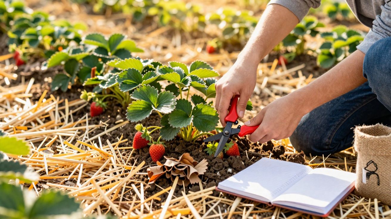 Mãos a colher morangos num campo com tesoura, livro aberto e chão coberto de palha.