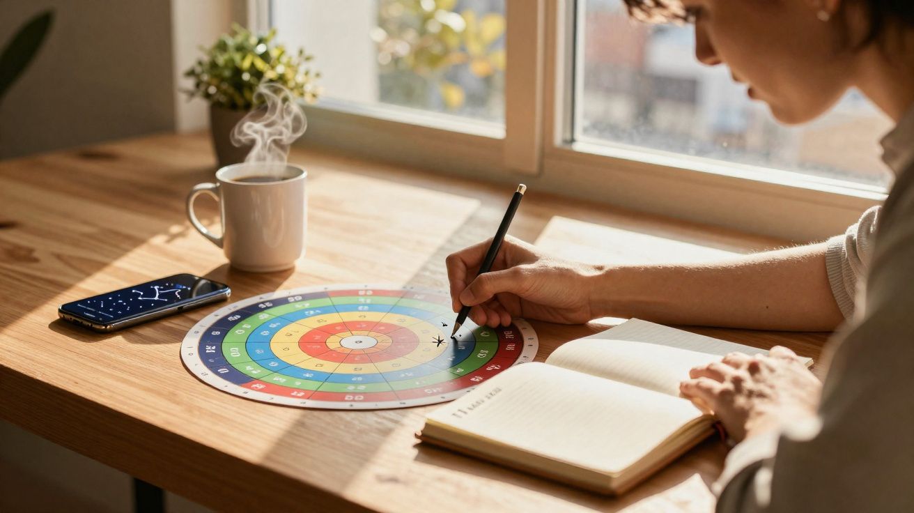 Pessoa escrevendo num caderno junto a uma mesa com gráfico circular, telemóvel e chá quente numa caneca.