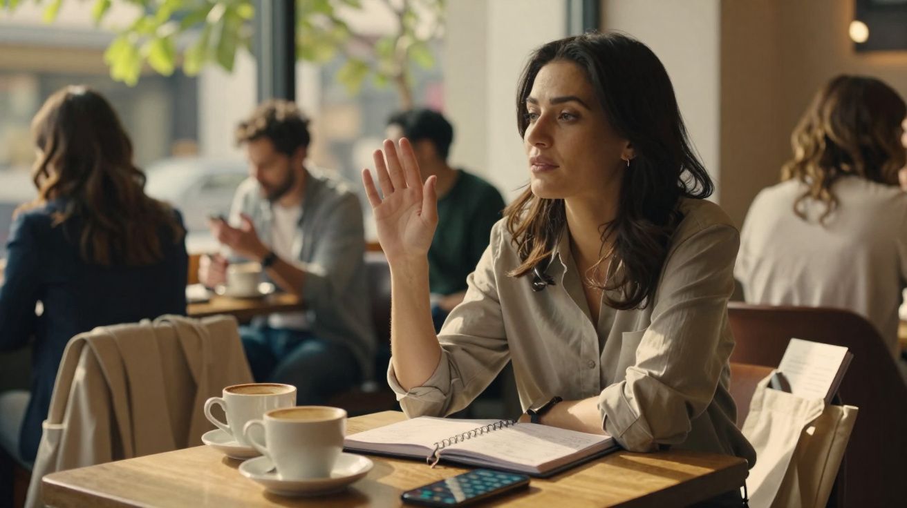Mulher num café com caderno aberto, a acenar com a mão, rodeada por outras pessoas sentadas.