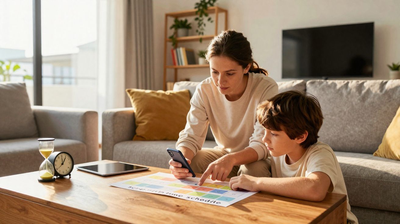 Mulher e menino sentados no sofá a planear horários numa folha colorida numa sala iluminada.