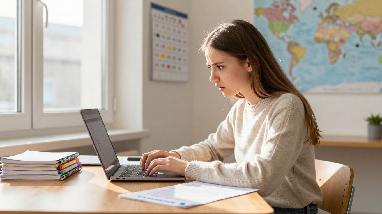 Rapaz concentrado a trabalhar num computador portátil numa mesa com cadernos, papel e caneta, numa sala iluminada.