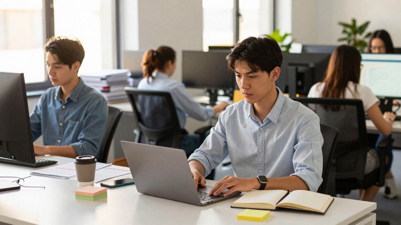 Jovens trabalhadores focados em computadores num escritório moderno com luz natural e ambiente profissional.