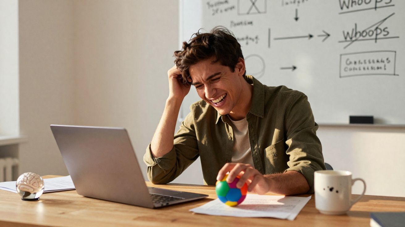 Homem jovem sentado à secretária com laptop, a sorrir enquanto manipula puzzle colorido, quadro branco ao fundo.