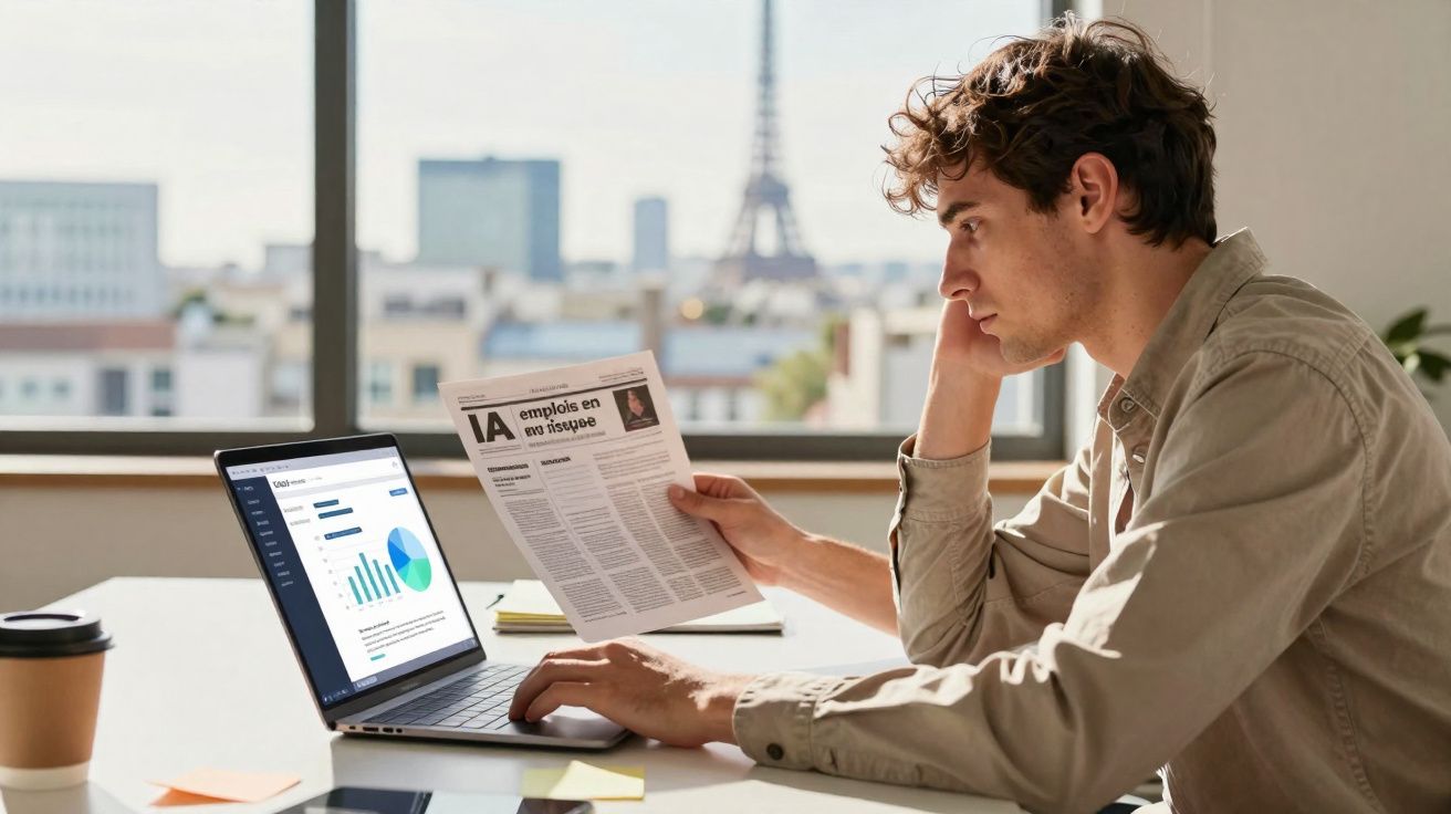 Homem a analisar gráfico num portátil enquanto lê jornal, com Torre Eiffel ao fundo pela janela.