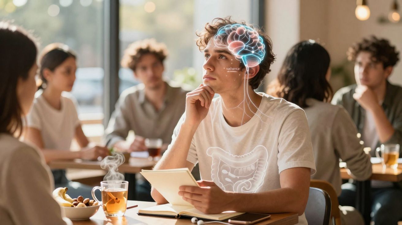 Jovem sentado a pensar num café com ilustrações do cérebro e do sistema digestivo sobrepostas.