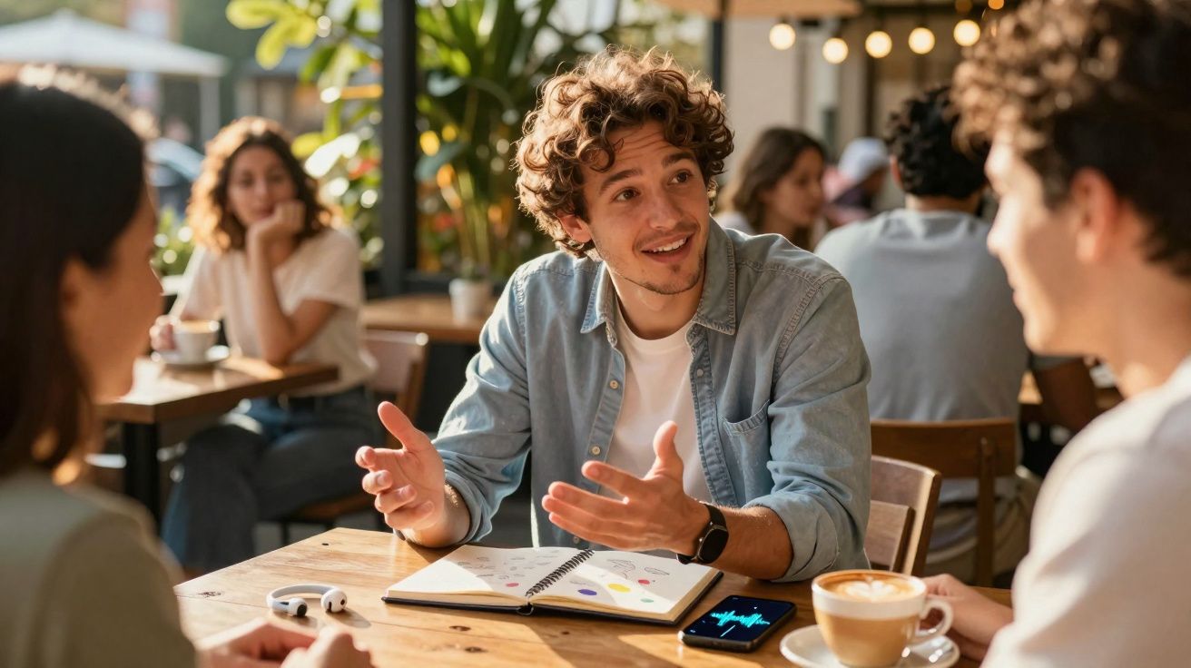 Jovem a conversar animadamente com outras duas pessoas numa esplanada, com caderno e café à mesa.