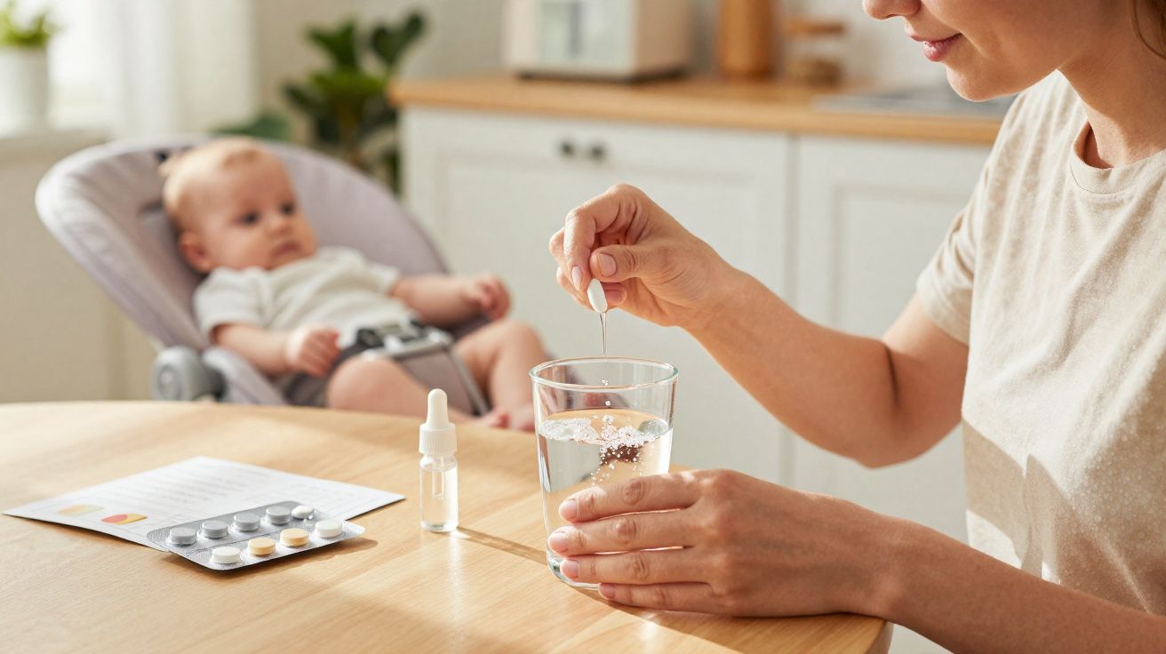 Mãe a dissolver comprimido em copo de água com bebé sentado em cadeirão ao fundo na cozinha.