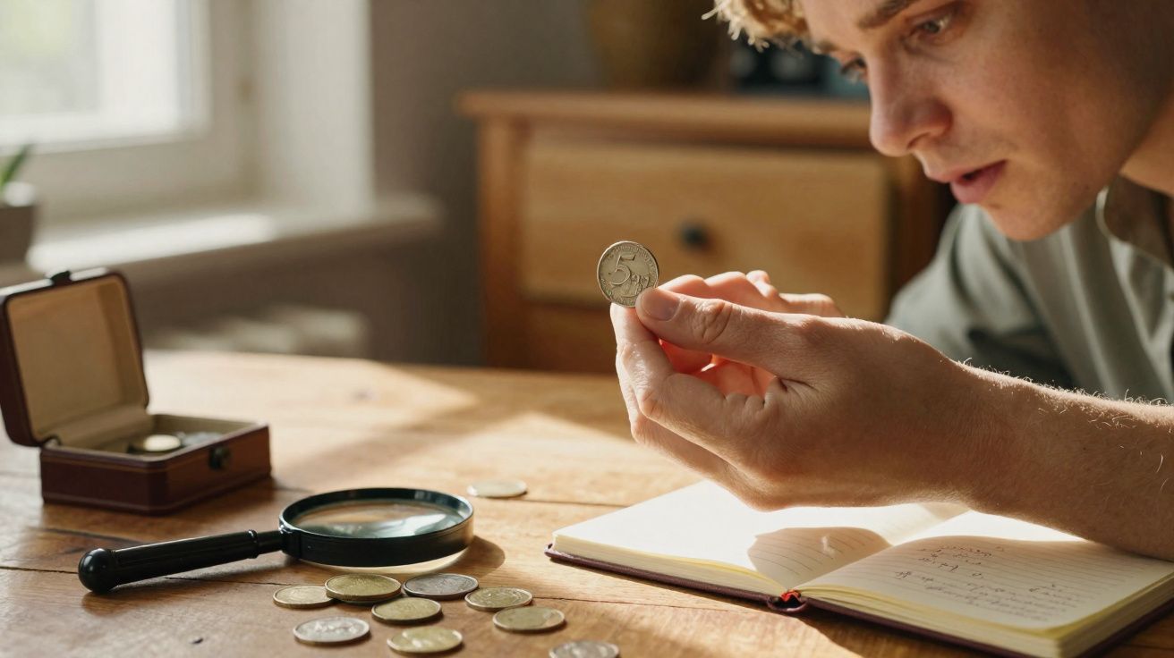 Pessoa a analisar uma moeda antiga com lupa, caderno aberto e várias moedas sobre uma mesa de madeira.