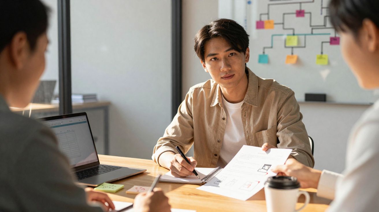 Jovem a apresentar documentos durante reunião de trabalho com colegas numa sala de escritório moderna.