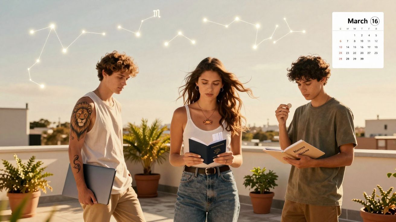 Três jovens a ler livros numa esplanada ensolarada, com constelações e calendário de março ao fundo.