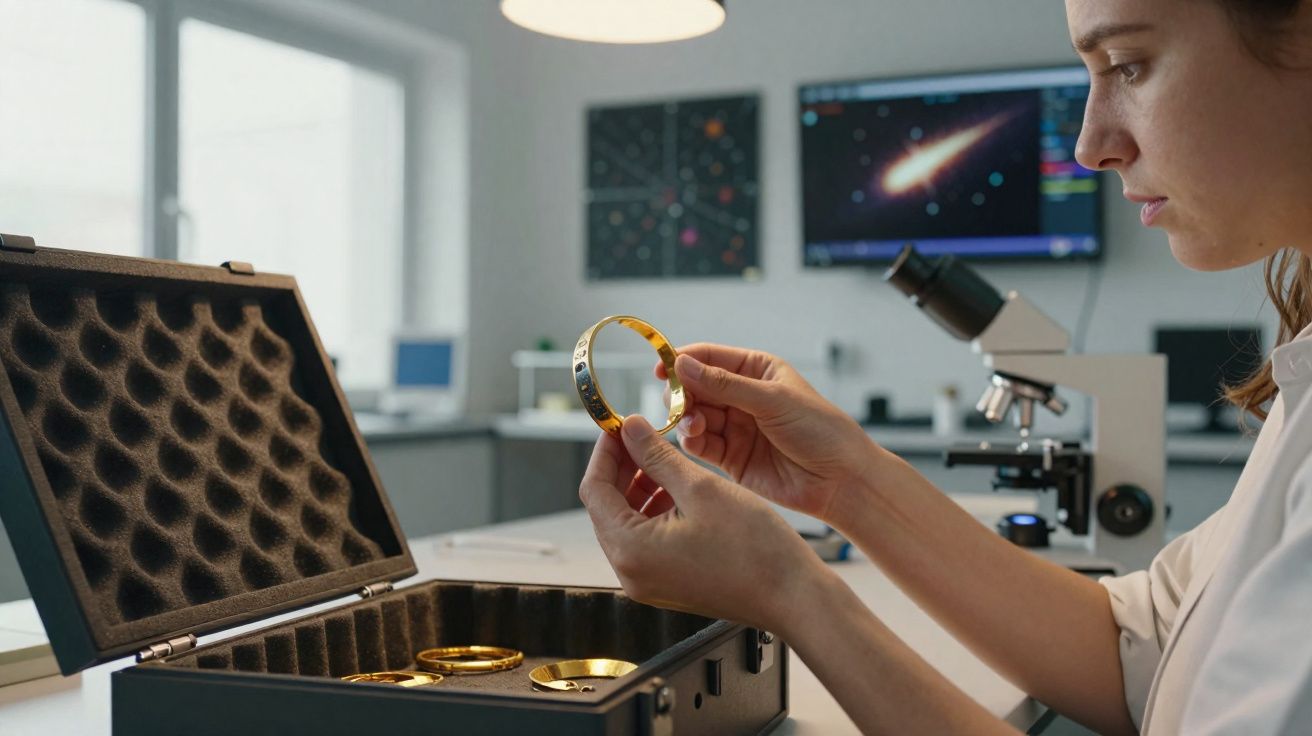 Mulher a analisar braceletes douradas num laboratório com microscópio e ecrãs ao fundo.