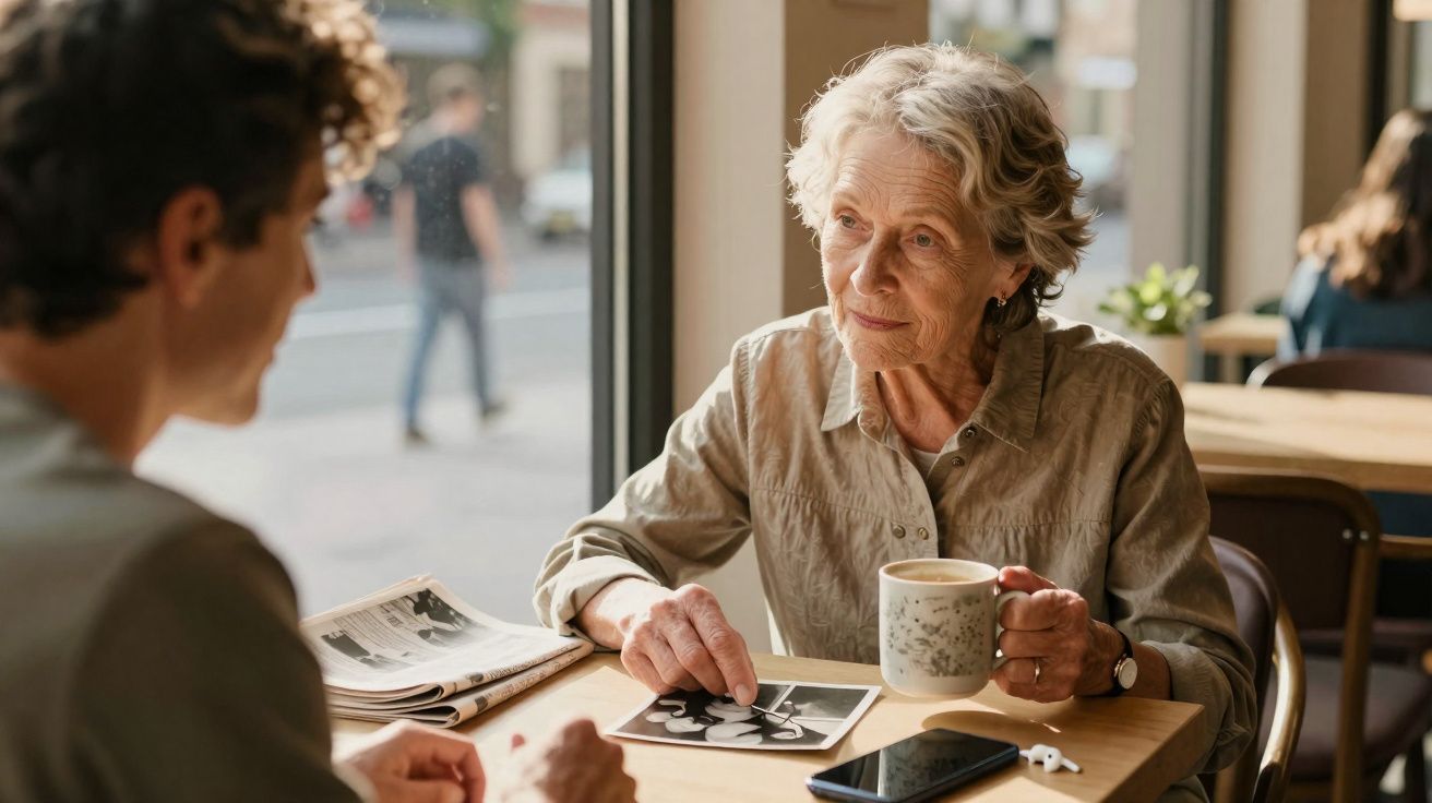 Idosa e homem sentados à mesa de café a ver fotografias antigas, com jornal, smartphone e auriculares na mesa.