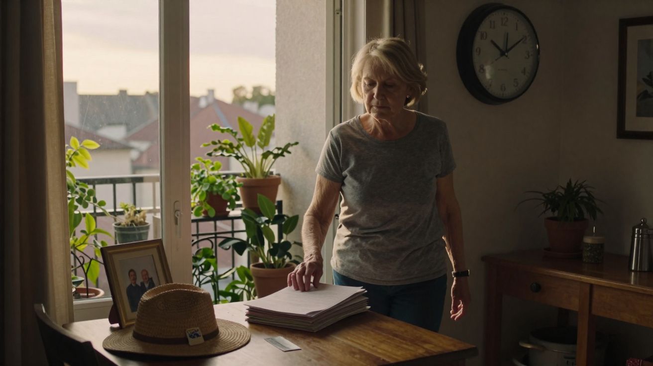 Mulher idosa a organizar documentos numa mesa de madeira junto a uma janela com plantas e relógio na parede.