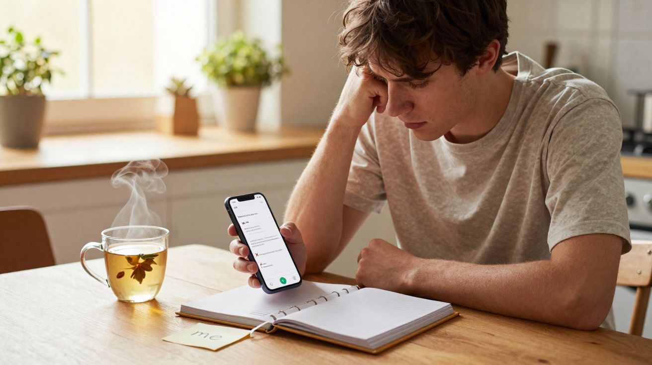 Jovem sentado à mesa com caderno aberto, segurando telemóvel e chá quente com ervas ao lado.