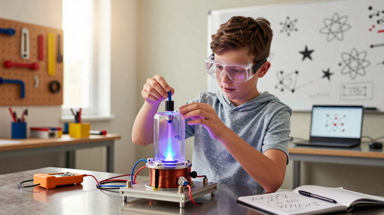 Menino com óculos de proteção a realizar experimento científico com eletricidade numa sala de aula.