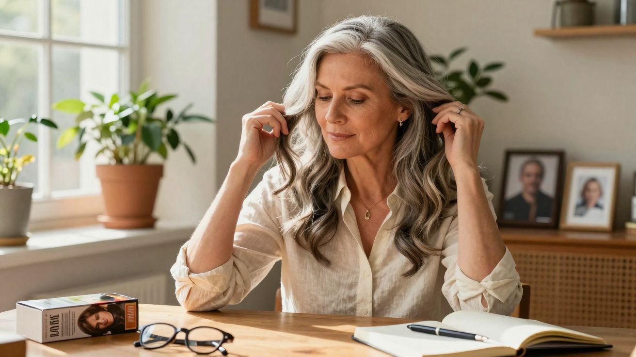 Mulher madura com cabelo grisalho sentada à mesa, arrumando o cabelo, com plantas e livro à sua volta.