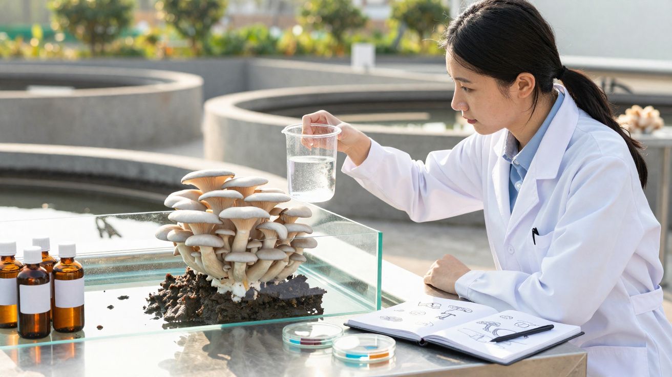 Cientista mulher a regar cogumelos em laboratório ao ar livre, com caderno de anotações e frascos.