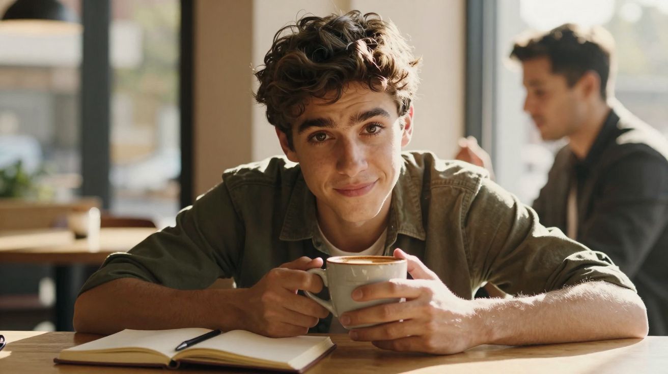 Jovem sentado em café a segurar chávena de café, com caderno aberto e caneta na mesa à frente.