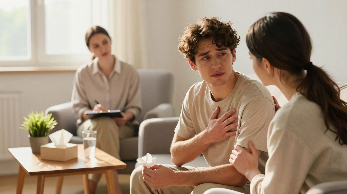 Jovem emocionado numa sessão de terapia com apoio de uma mulher e terapeuta a escrever num bloco.