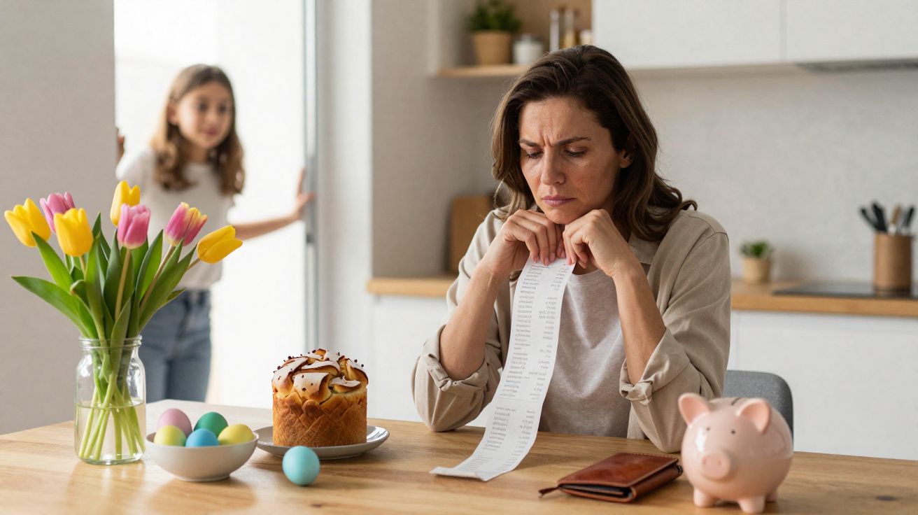 Mulher preocupada com despesas, olhando para um talão longo na cozinha, com criança ao fundo.