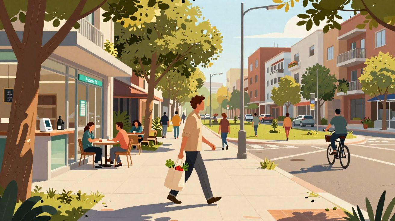 Rua urbana com pessoas a caminhar, ciclista a passar, mesas de café ao ar livre e árvores verdes ao longo da calçada.