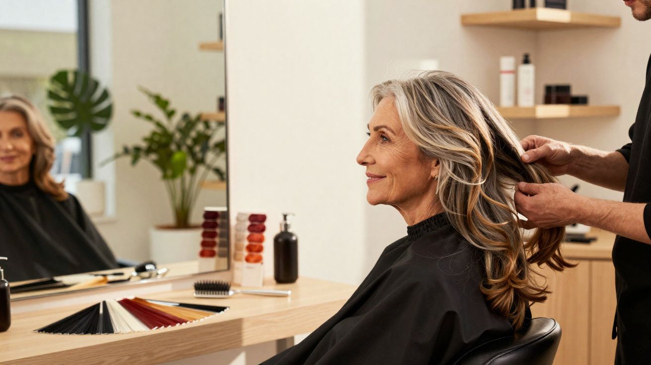 Mulher sénior a sorrir no salão de cabeleireiro, com cabeleireiro a arranjar o seu cabelo comprido e ondulado.