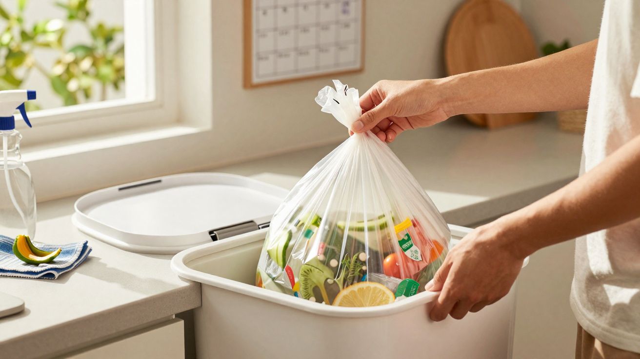 Mãos a colocar saco de lixo cheio de restos de fruta e vegetais num contentor branco de cozinha.