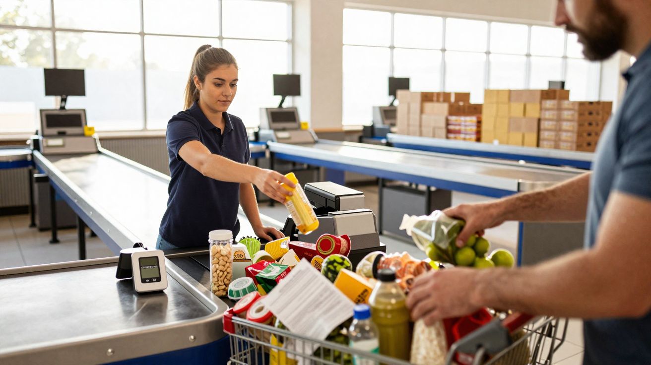 Funcionária de supermercado a passar artigos no caixa para cliente com carrinho cheio de compras.