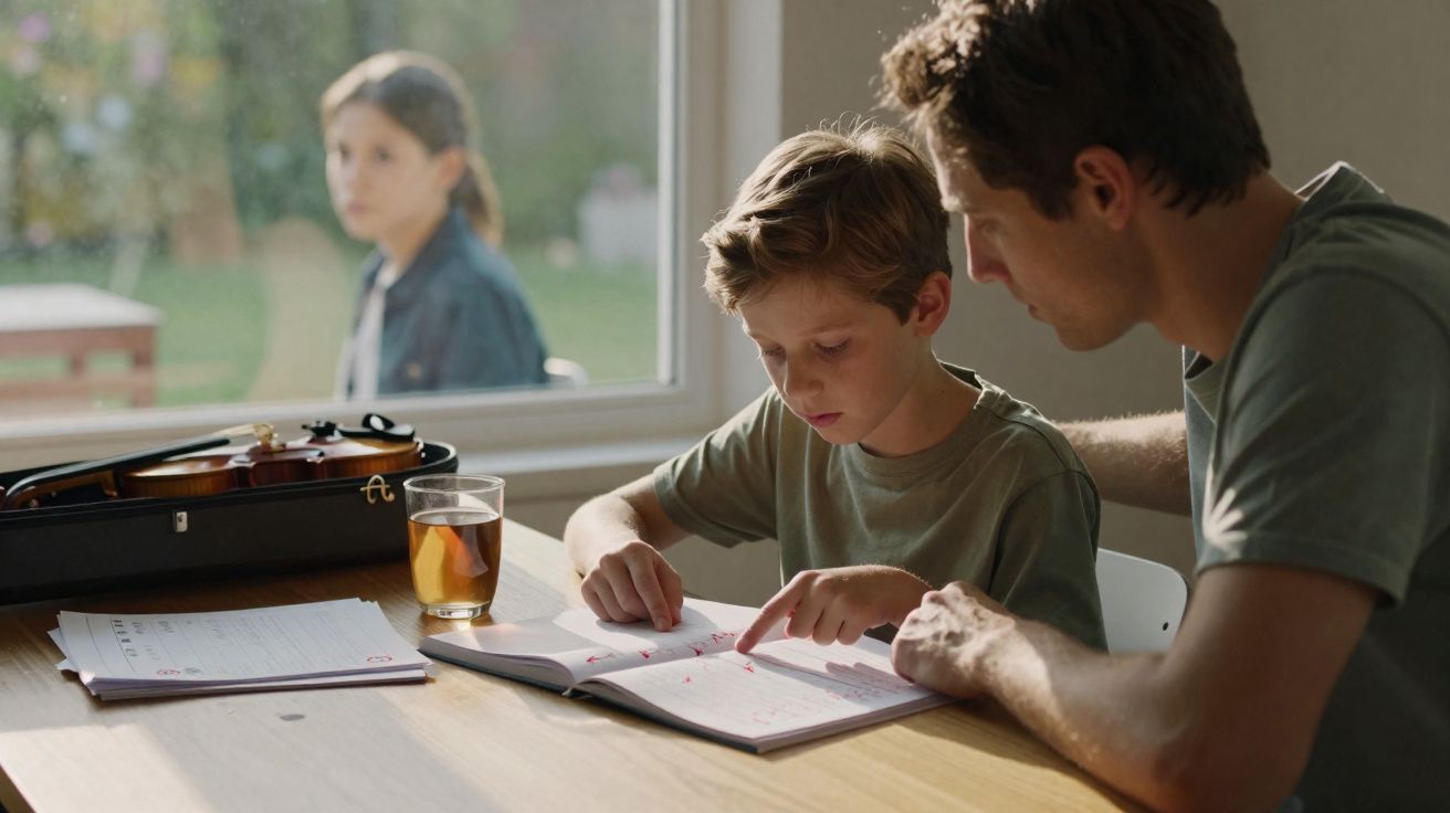 Pai a ajudar o filho a estudar calendário, com uma menina no fundo ao lado da janela e um violino na mesa.
