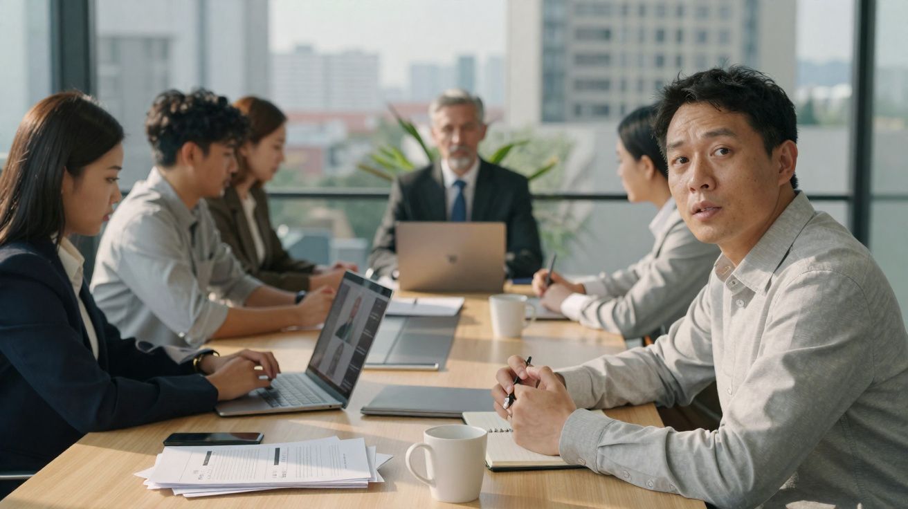 Grupo de cinco pessoas em reunião de negócio numa sala com grande janela e vista para cidade.