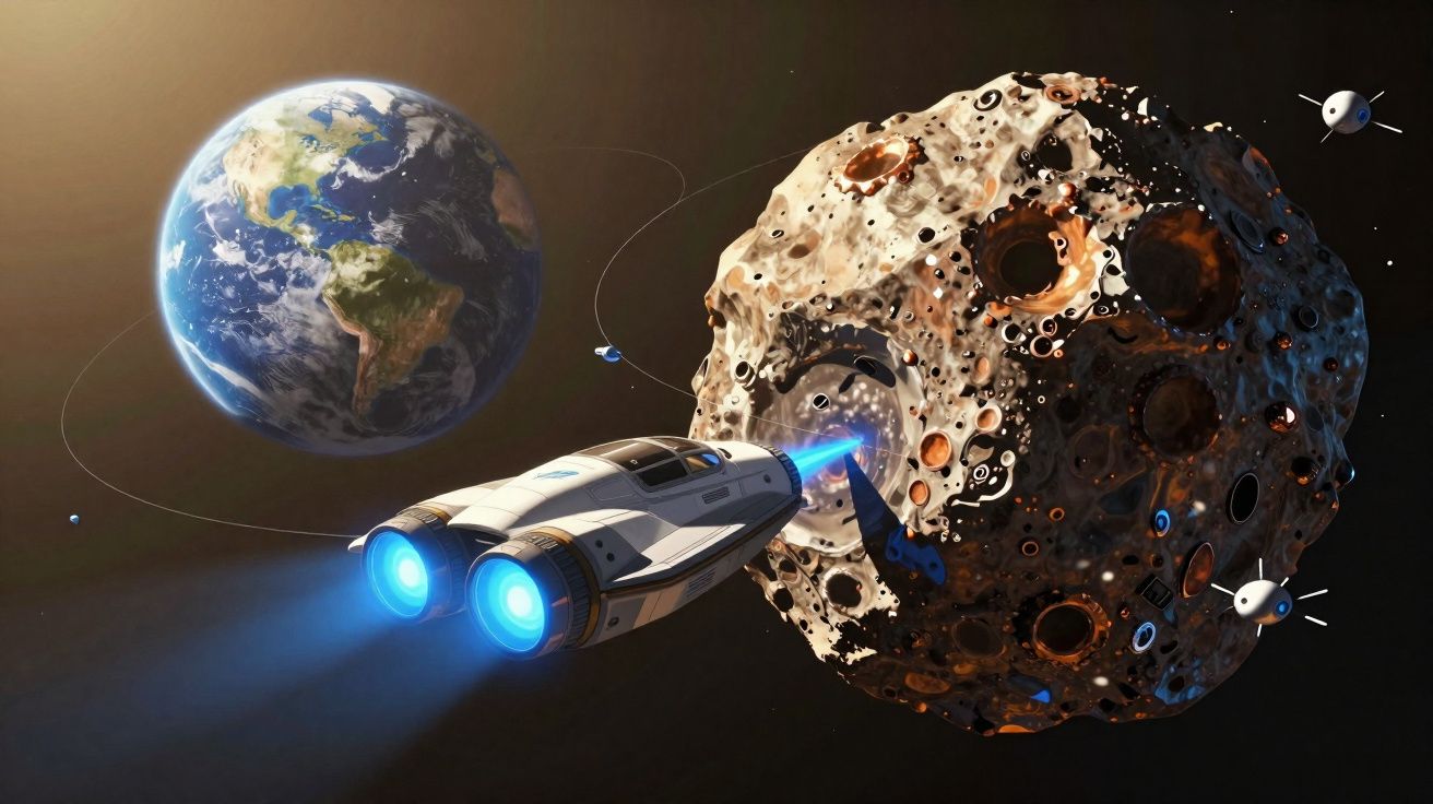 Nave espacial com propulsores azuis aproximando-se de um grande asteroide craterado com a Terra ao fundo.