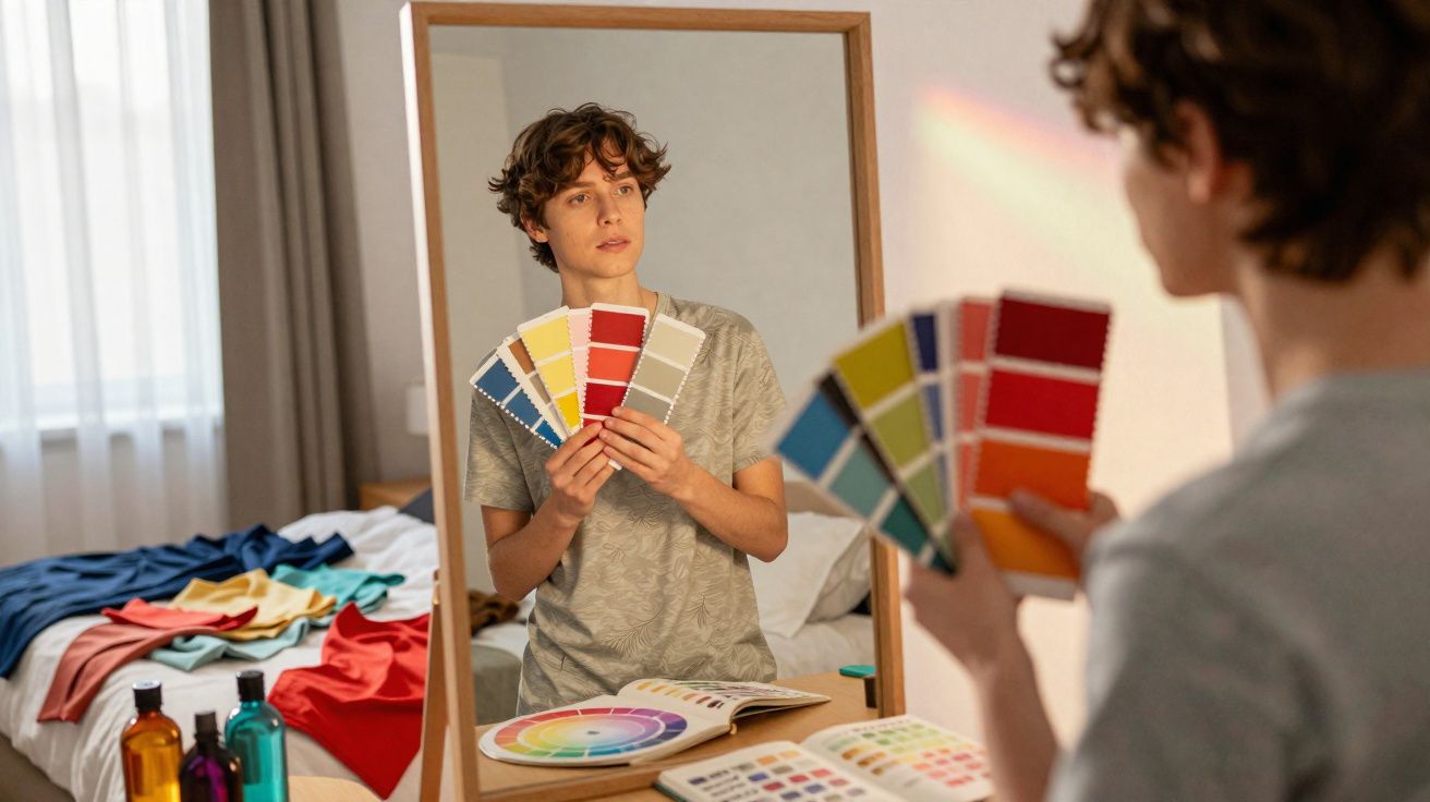 Pessoa segura amostras de cores diante de espelho em quarto com várias roupas espalhadas.
