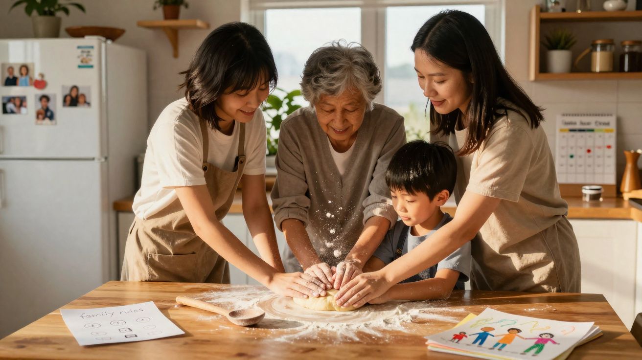 Quatro gerações a cozer pão juntas numa cozinha iluminada e alegre.