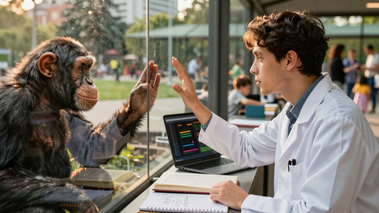 Homem de bata branca toca vidro enquanto olha para chimpanzé do outro lado numa zona ao ar livre.
