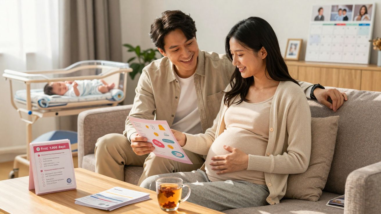 Casal asiático sorridente a ler folheto sobre gravidez, com bebé adormecido no berço ao fundo.