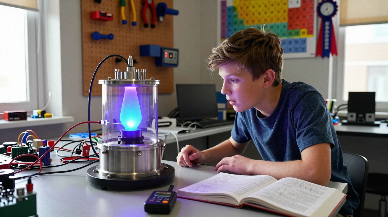 Rapaz observa experimento científico com luz azul num laboratório escolar com livros e equipamentos eletrónicos.