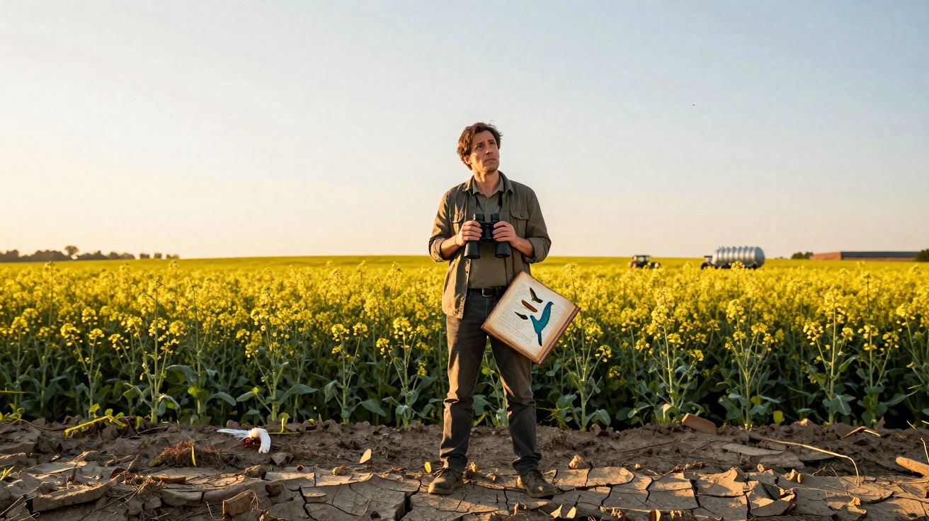 Homem com binóculos e placa numa mão, em terreno seco com campo amarelo ao fundo ao pôr do sol.