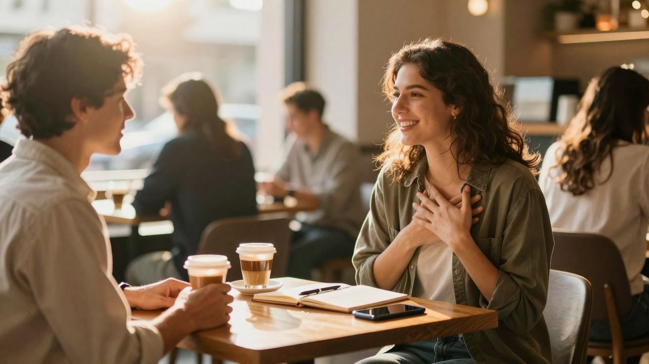 Jovem mulher sorridente conversa animadamente com homem enquanto tomam café num café acolhedor.