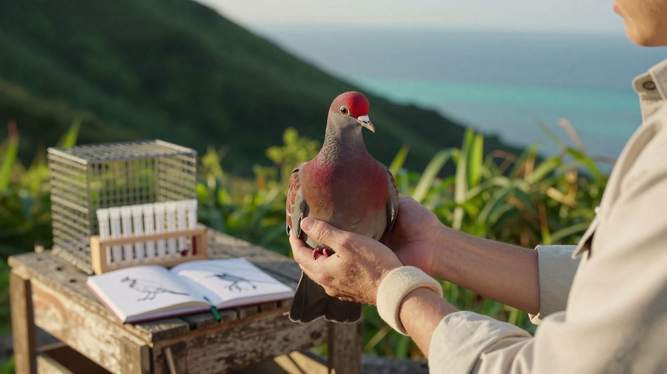 Pessoa segura pombo vermelho junto a mesa com gaiola e livro num cenário natural com montanha e mar ao fundo.