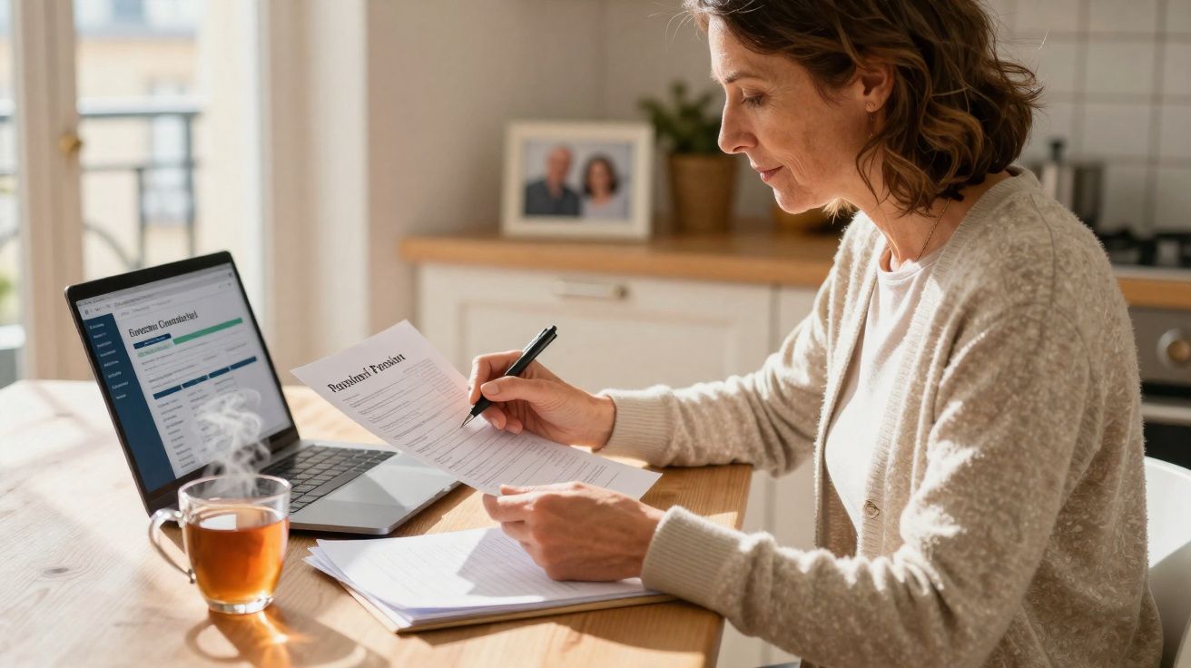 Mulher a trabalhar em casa, a preencher documentos e usar computador portátil numa mesa de madeira.