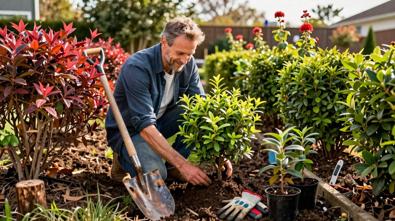 Homem a plantar uma árvore num jardim ensolarado rodeado de plantas e flores vermelhas.