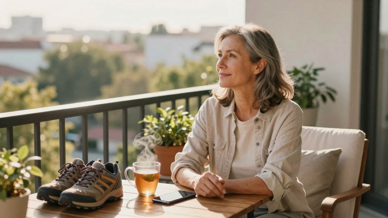 Mulher sentada na varanda com chá, sapatos desportivos, telemóvel e plantas ao redor numa manhã ensolarada.