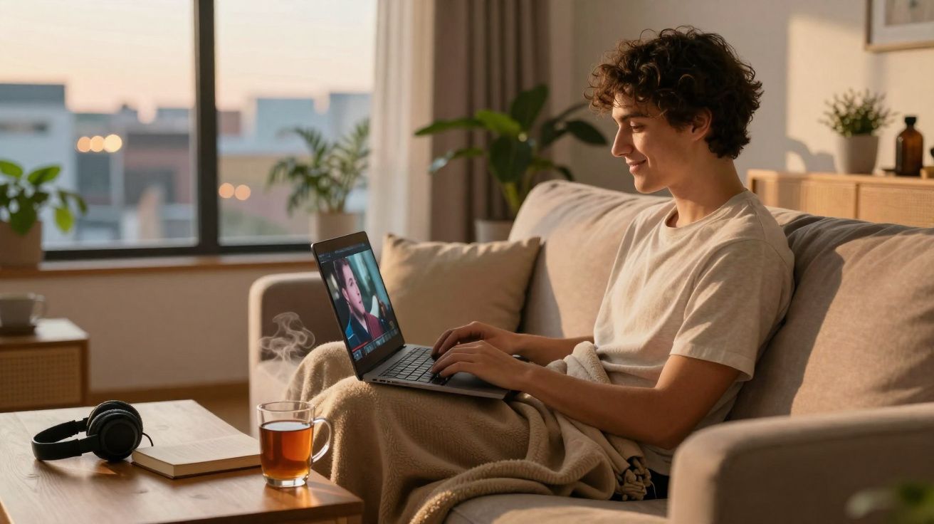 Jovem sentado no sofá a usar portátil, com chá e auscultadores numa mesa à frente, numa sala acolhedora.