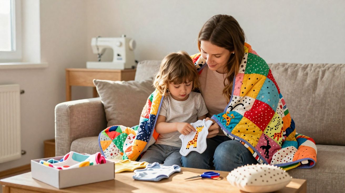 Mãe e filho sentados no sofá, cobertos com uma colcha colorida, a ver um brinquedo de girafa.