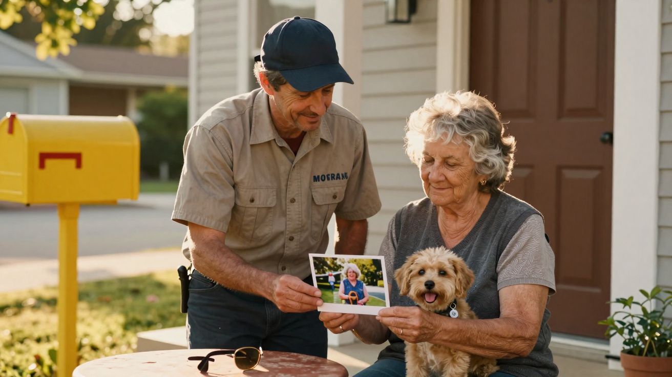 Homem entrega fotografia a mulher idosa sentada com um cão pequeno num banco exterior.