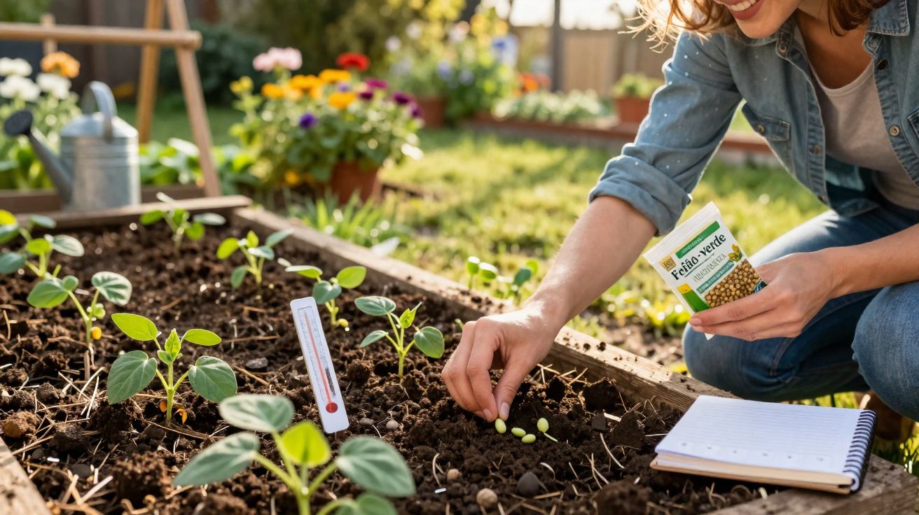 Mulher planta sementes de feijão verde numa horta com jovem vegetação e bloco de notas ao lado.