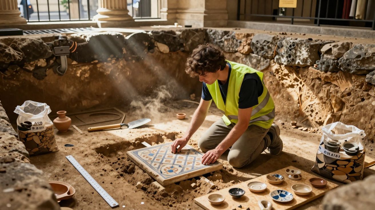 Arqueólogo com colete refletor examina mosaico antigo em escavação arqueológica coberta por pilares clássicos.