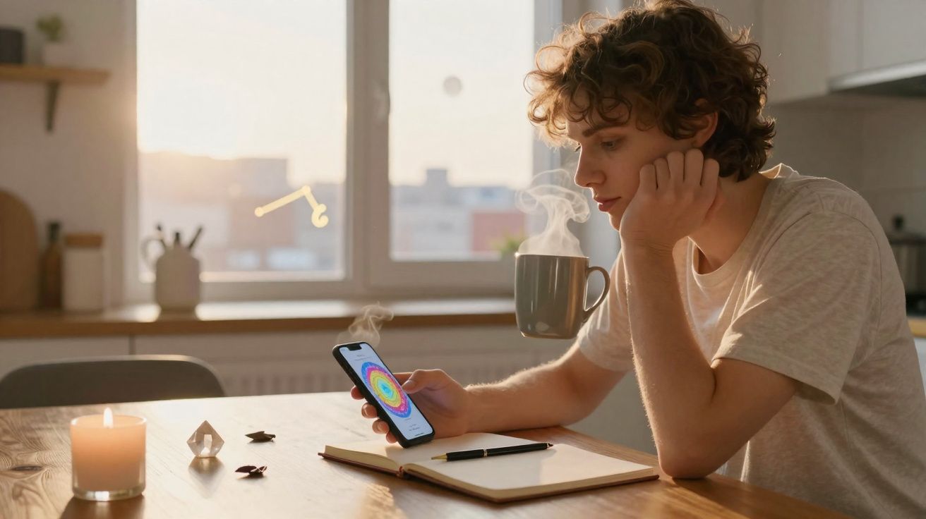 Jovem sentado à mesa com chá quente, a usar telemóvel e caderno, numa sala iluminada pela luz natural.